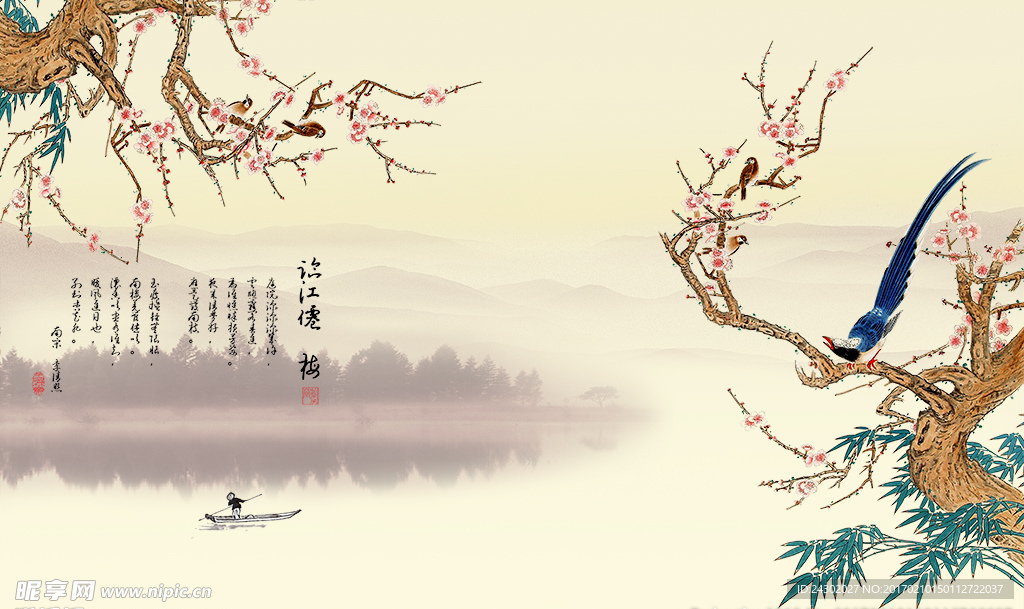 中式花鸟喜鹊影视背景墙