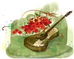 水彩玫瑰吉他草地