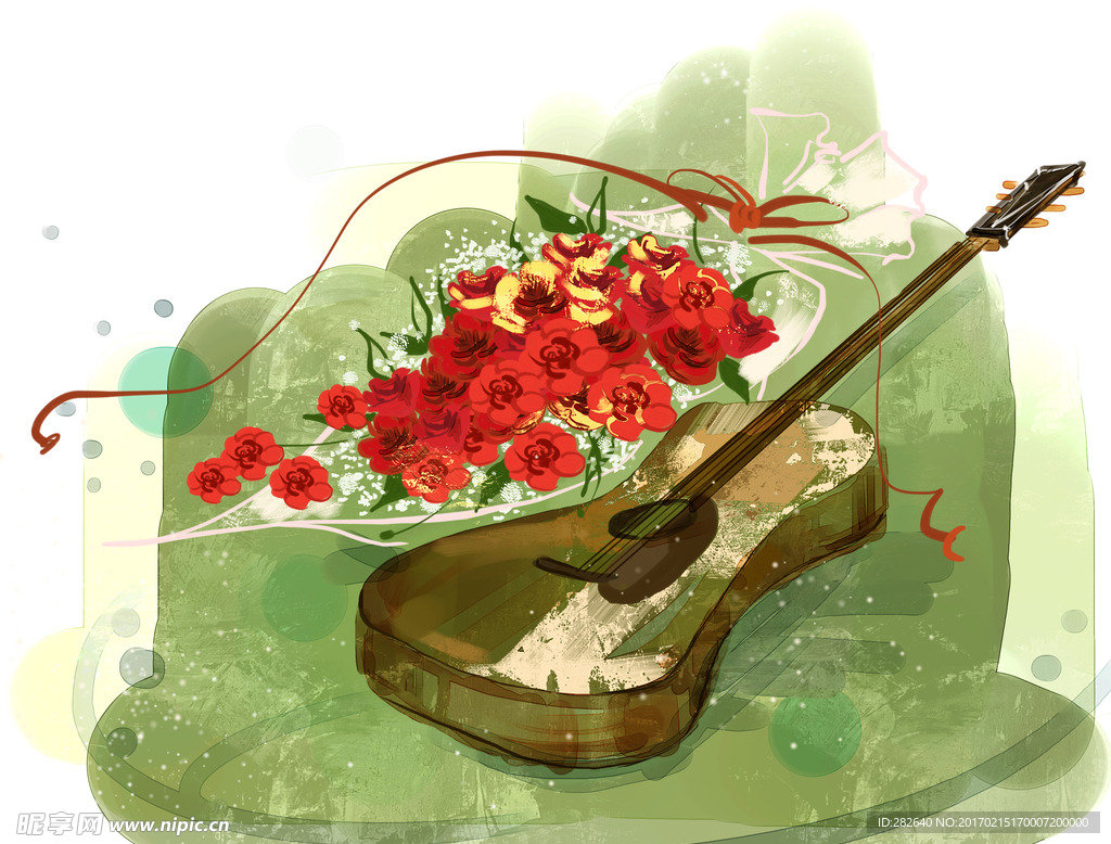 水彩玫瑰吉他草地