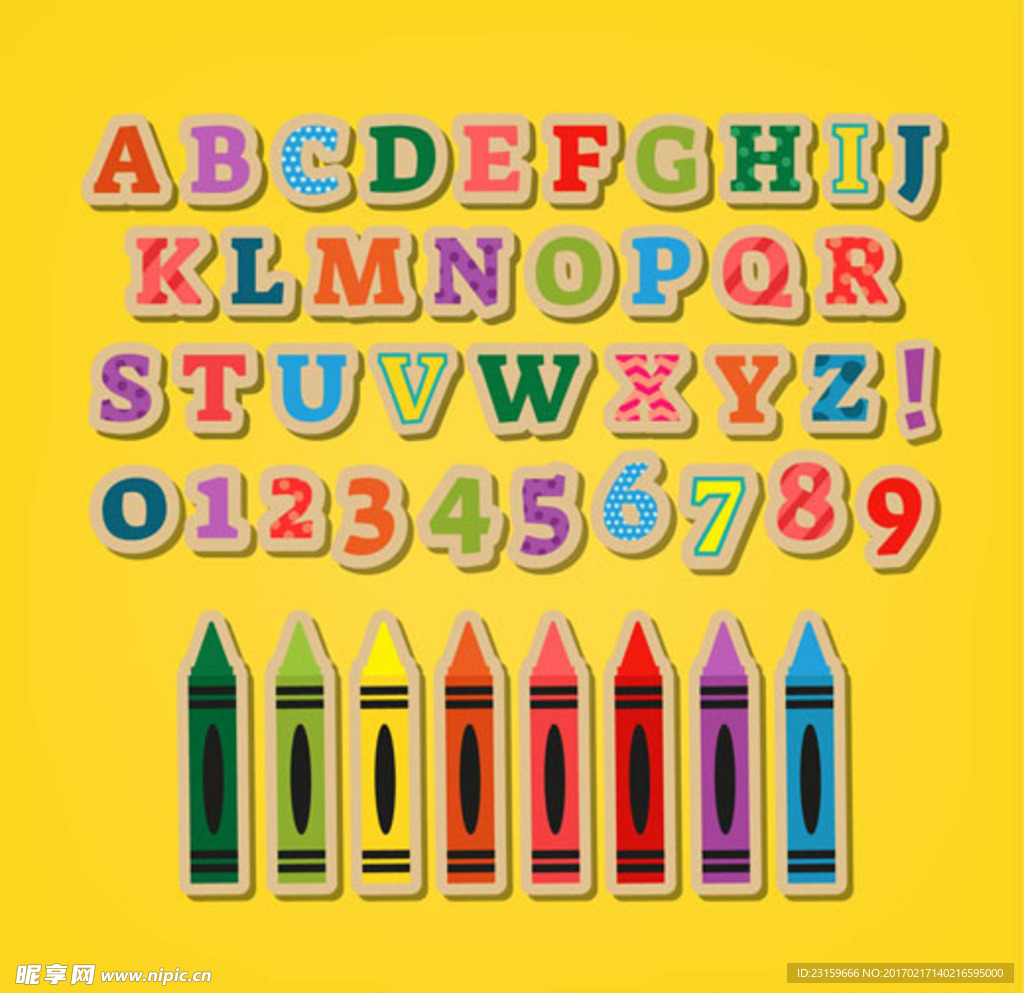儿童孩子七彩蜡笔字母数字