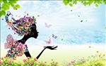春天 蝴蝶美女海报背景素材
