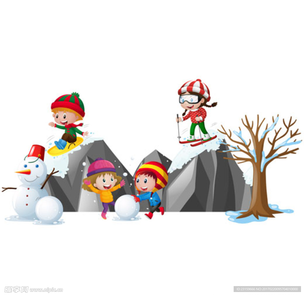 卡通儿童节雪地玩耍的孩子