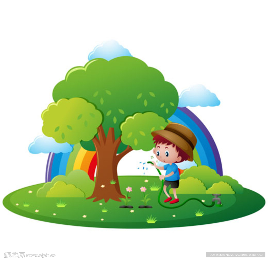 卡通儿童节浇花种树的孩子