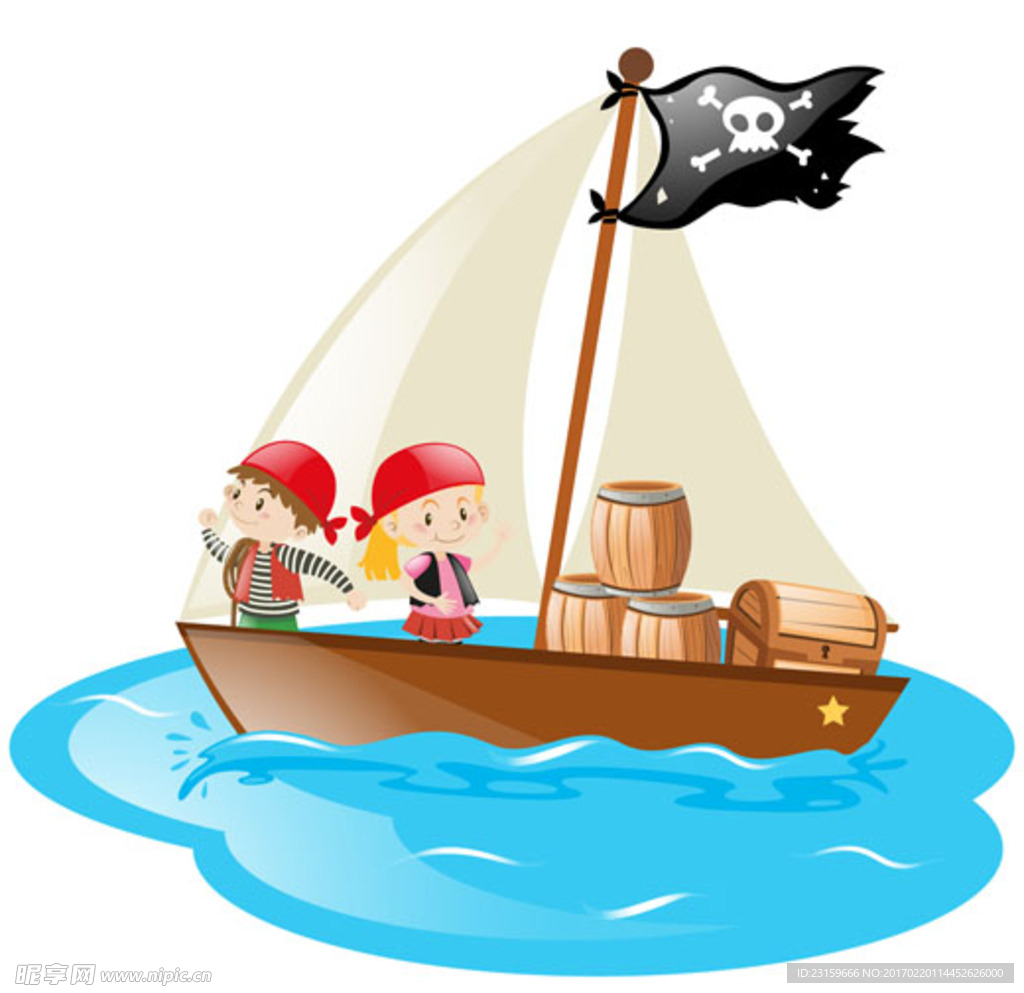 卡通儿童节在海盗船上的孩子