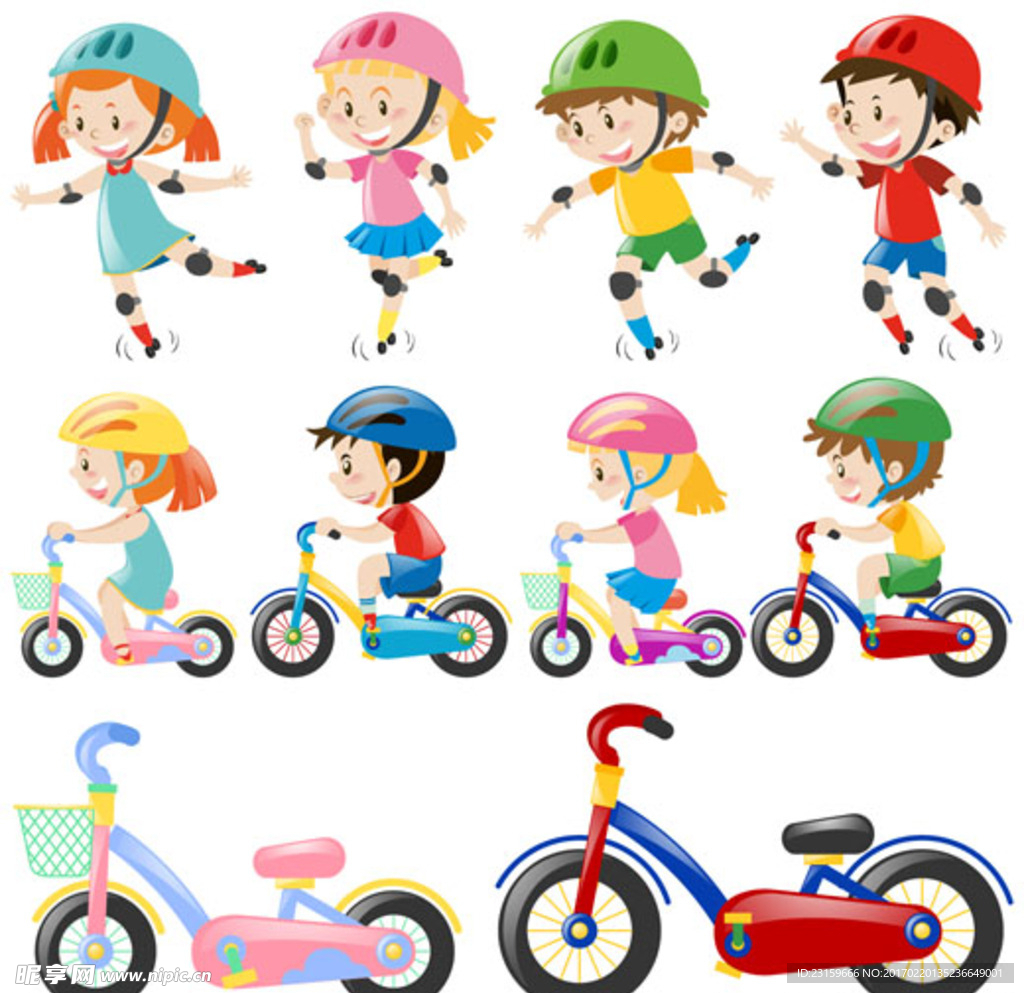 卡通儿童节骑车滑轮的孩子