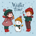 手绘圣诞节孩子和雪人