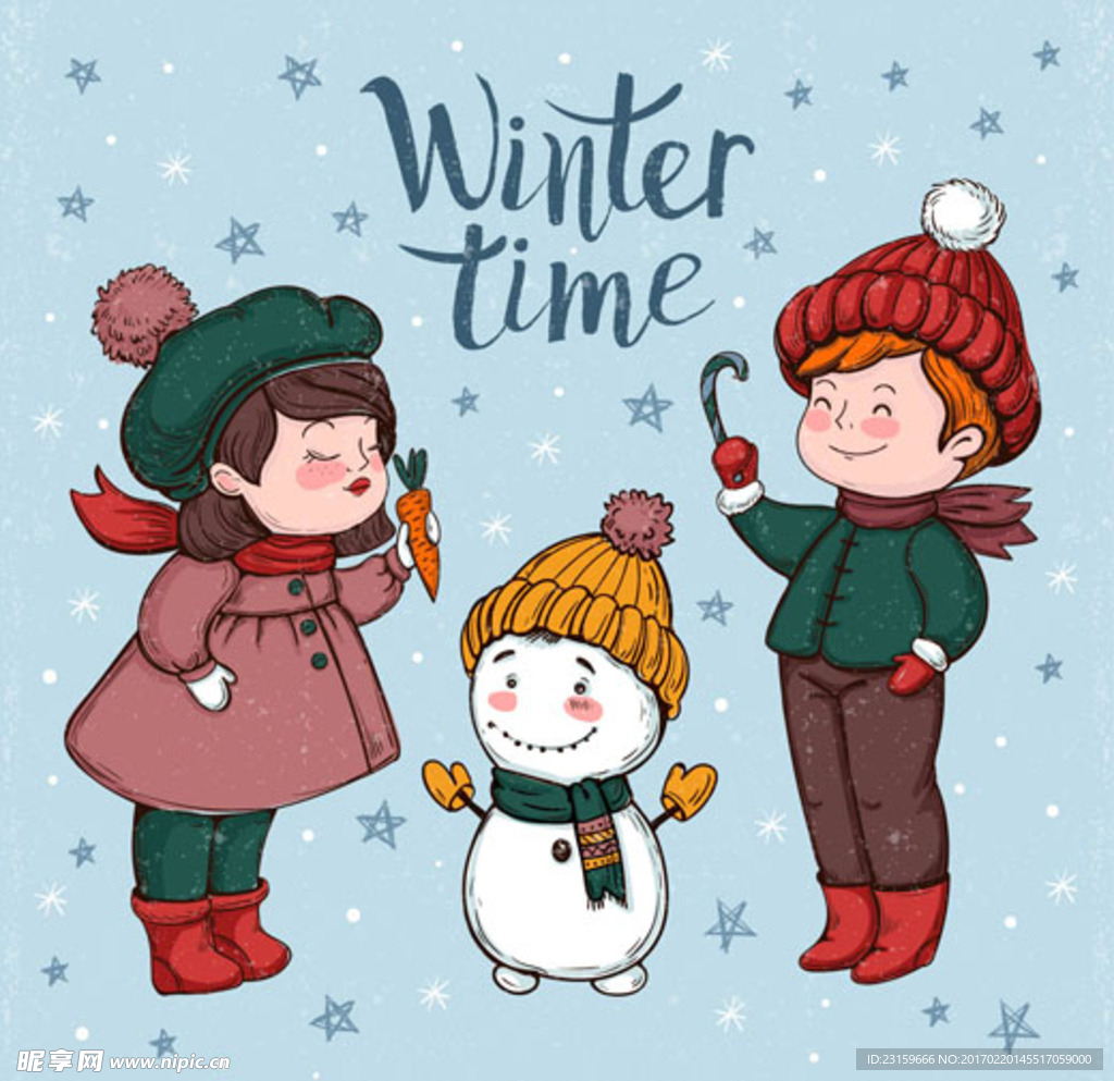 手绘圣诞节孩子和雪人
