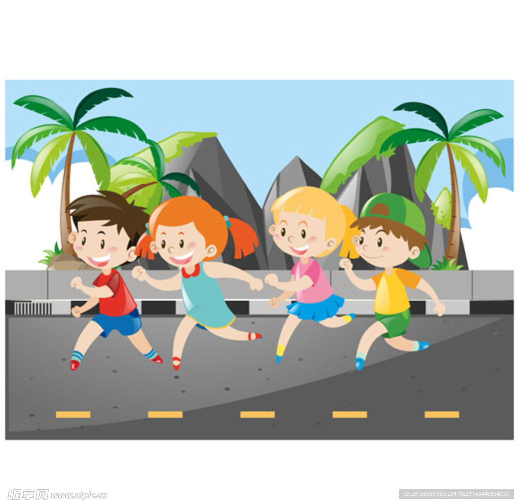 卡通儿童节快乐跑步的孩子