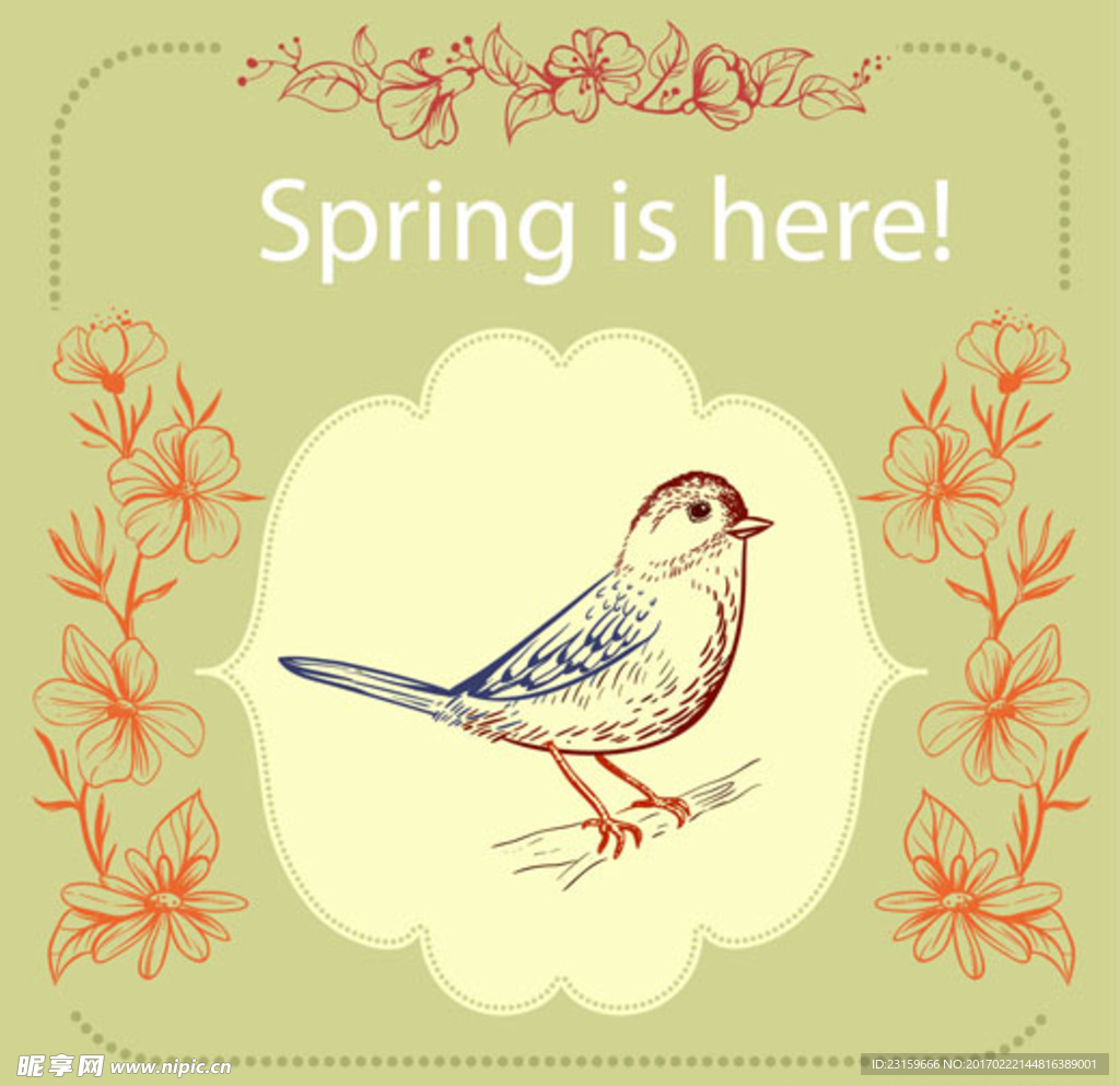 手绘复古春季小鸟花卉插图
