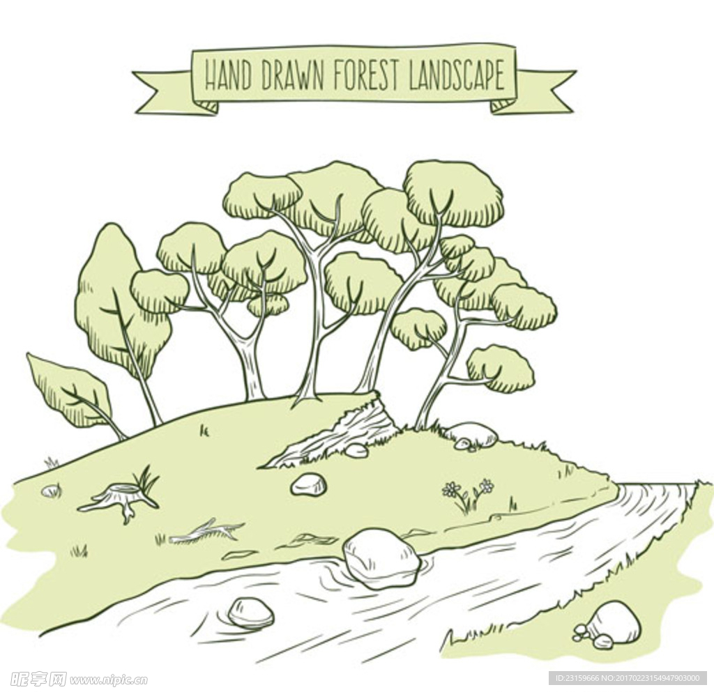 手绘素描春季小溪树林插图