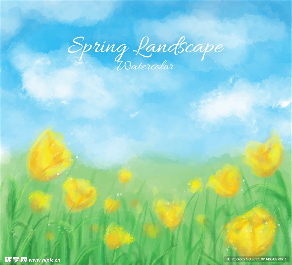 水彩绘春季黄色花海矢量素材