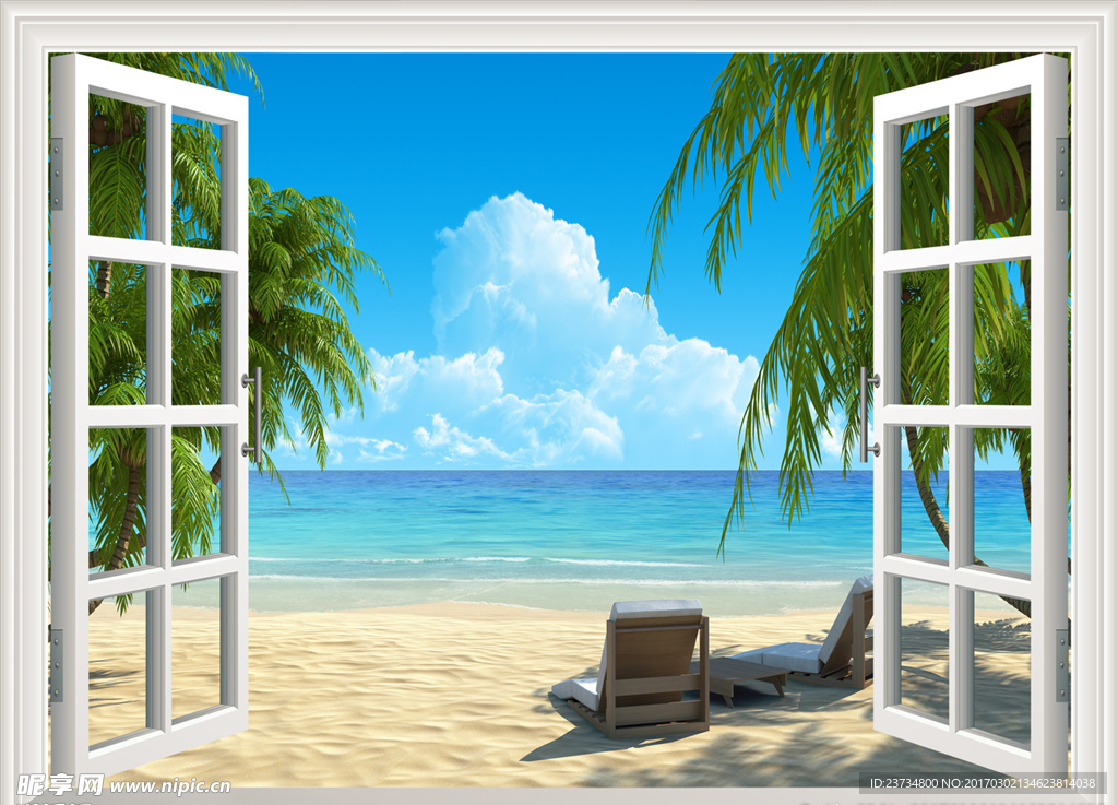 3D窗户大海沙滩椰树