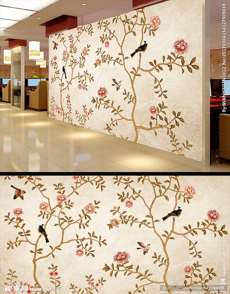 中式手绘工笔花鸟背景墙
