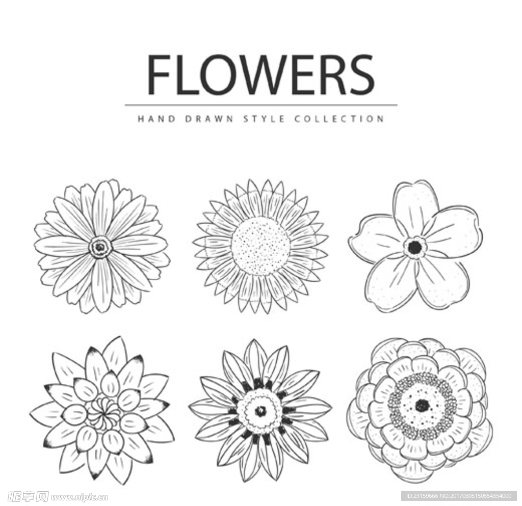 黑白线稿春季花朵元素