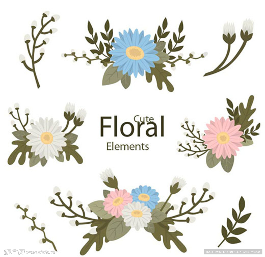卡通春季花卉花枝元素