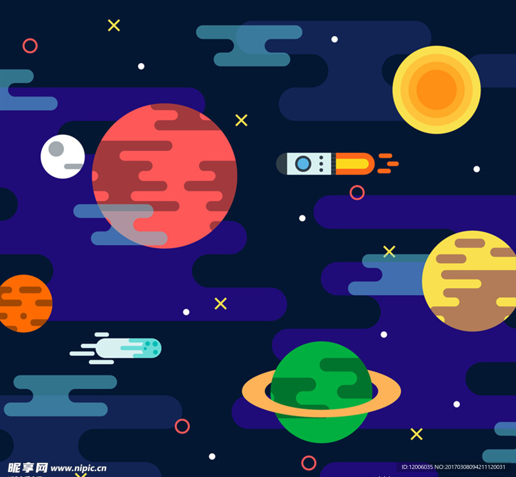 彩色扁平化太空插画矢量素材