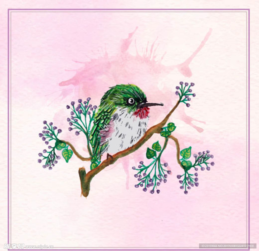 手绘水彩春季绿色花鸟