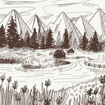 手绘素描山谷河边插图