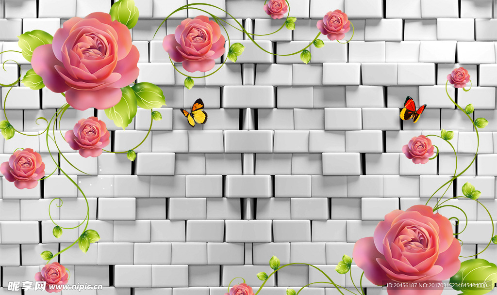 3D砖墙玫瑰背景墙