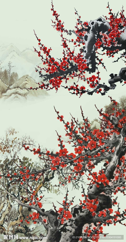 一枝梅玄关背景墙国画