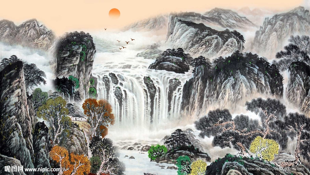 高山流水国画背景墙