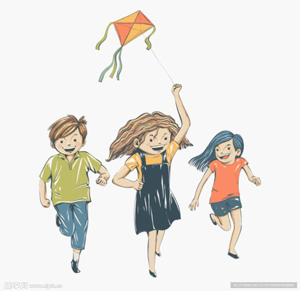 彩绘儿童节放风筝的孩子