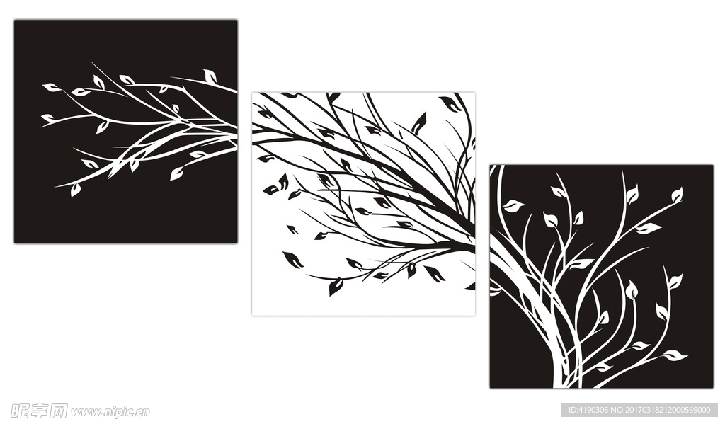 无框画幸福树植物树叶装饰黑白画