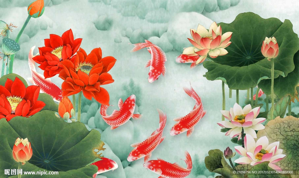 荷花九鱼图中式背景墙