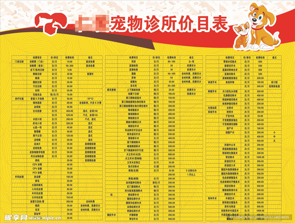 宠物价目表