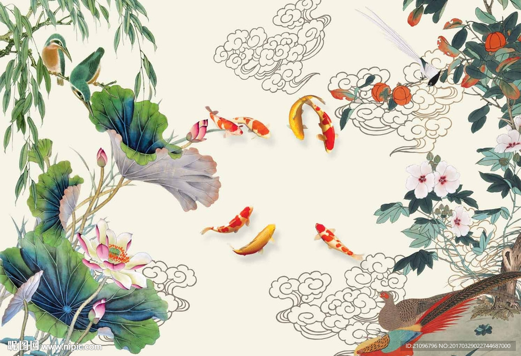 荷花九鱼图背景墙