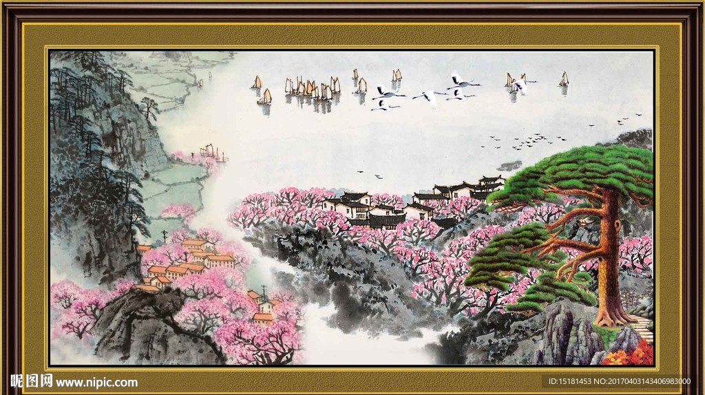山水国画迎客松