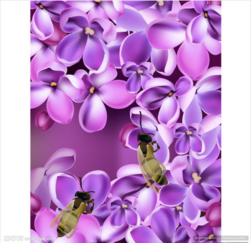 春季紫色花卉和蜜蜂插图