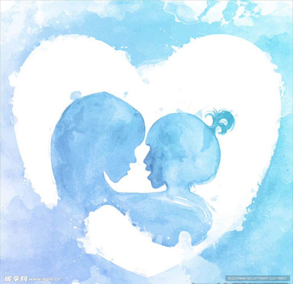 手绘蓝色水彩母亲节插图