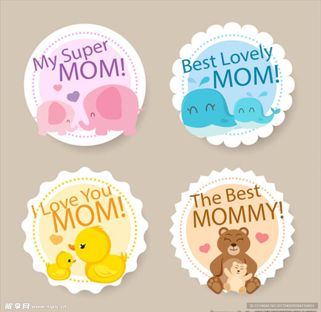 四款卡通动物母亲节标签