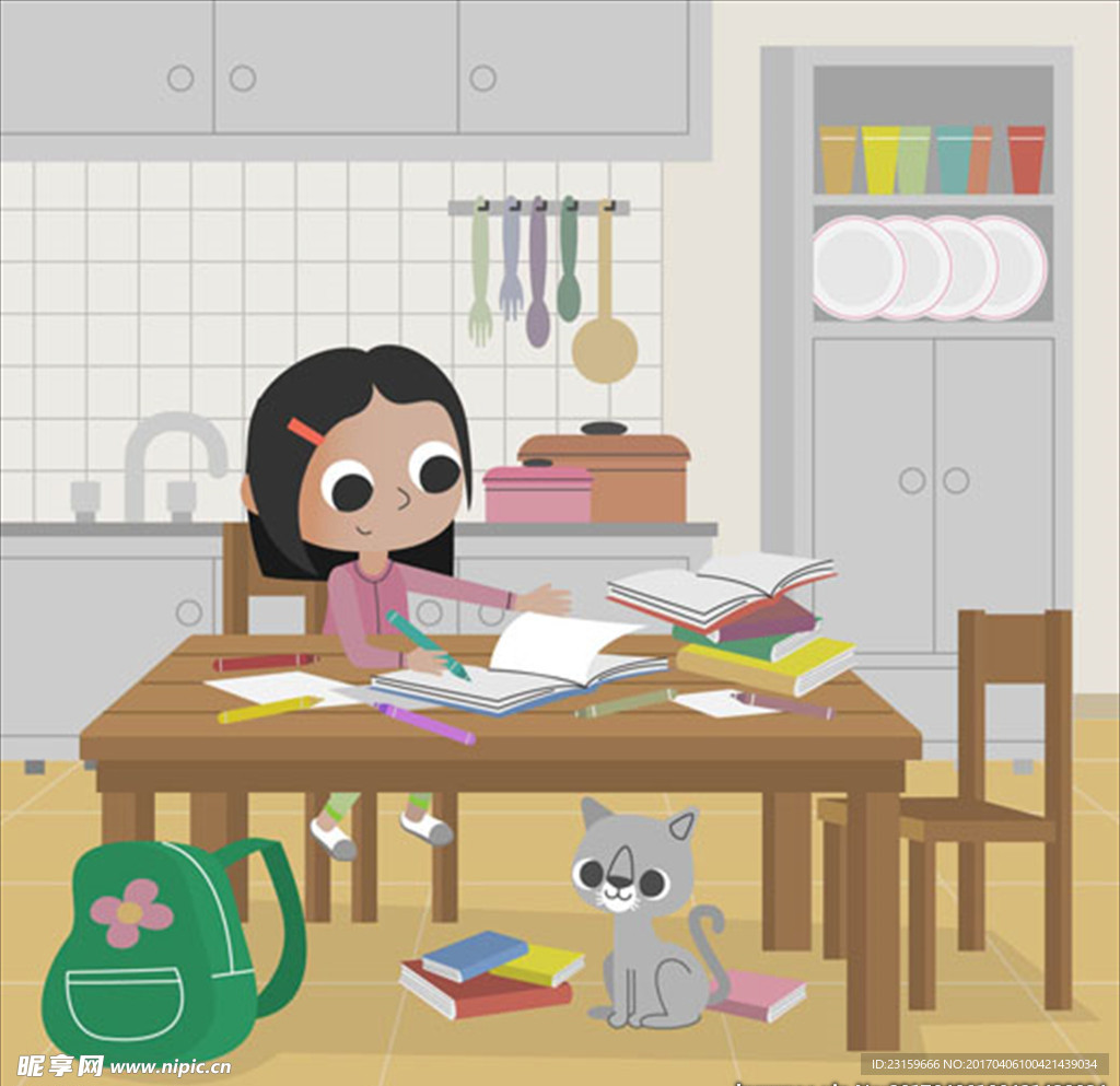 卡通儿童节在家做作业的女孩