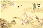 国画海棠山水花鸟图电视背景墙