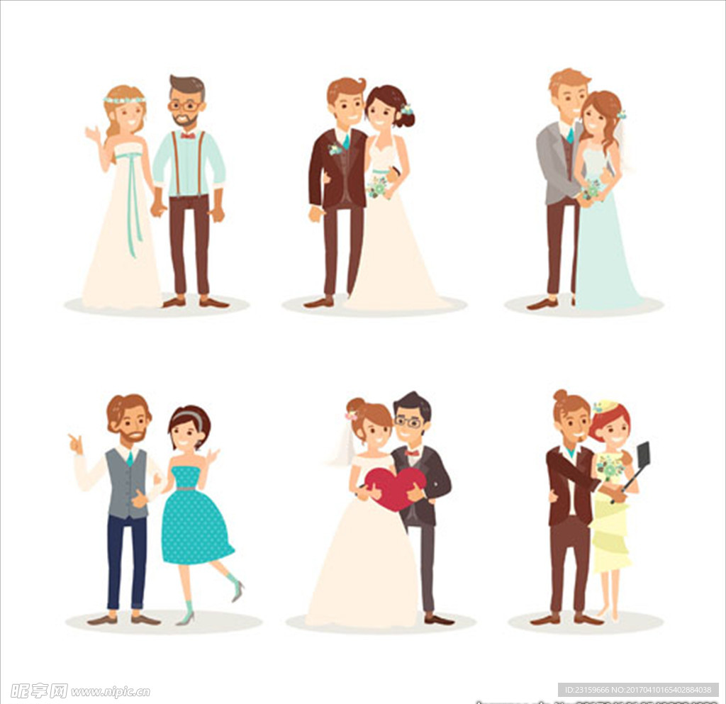 六对卡通婚礼新人