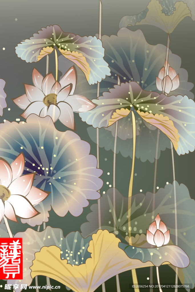 花卉插画雨滴下的荷塘荷叶荷花