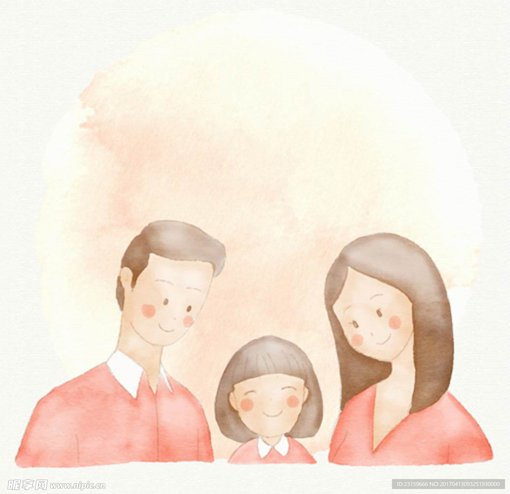 手绘水彩三口幸福家庭插图