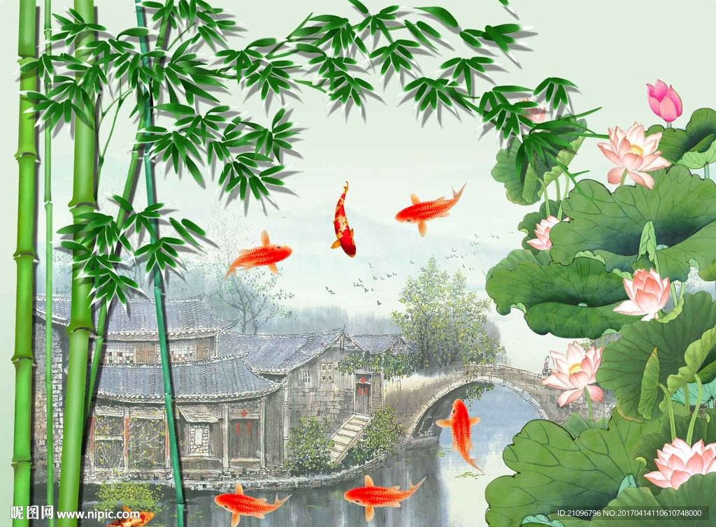江南风景 荷花竹子