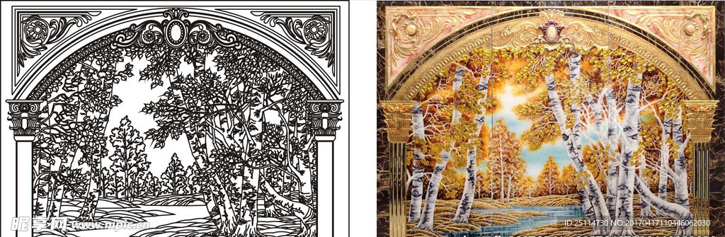 欧式白桦林艺术玻璃线条图矢量图