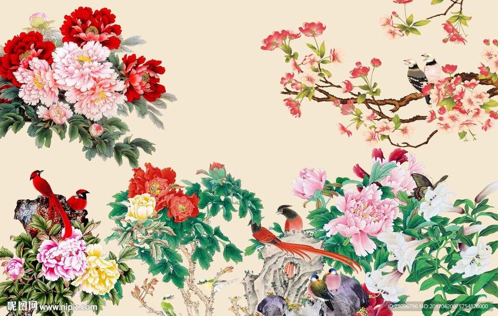 花鸟牡丹背景墙