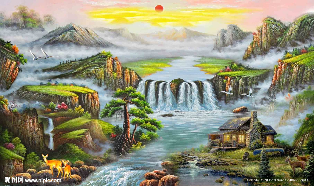 油画山水电视背景墙
