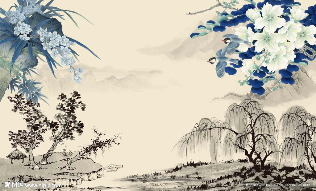 国画花鸟背景墙