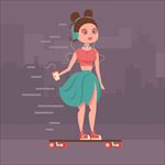 卡通听音乐滑滑板的女子
