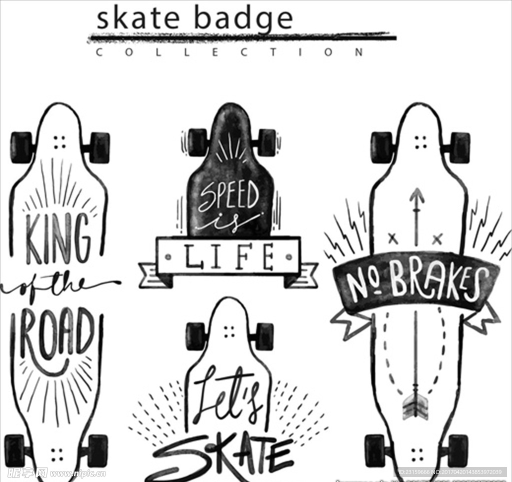 三款手绘滑板用品俱乐部标识