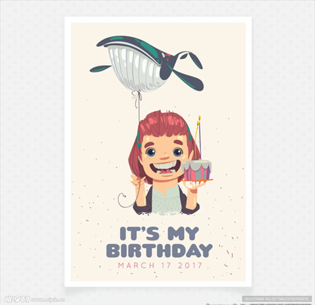 拿鲸鱼气球女孩的生日贺卡