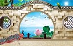 中式拱门莲花河畔背景墙