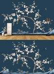 现代手绘新中式工笔花鸟背景墙装