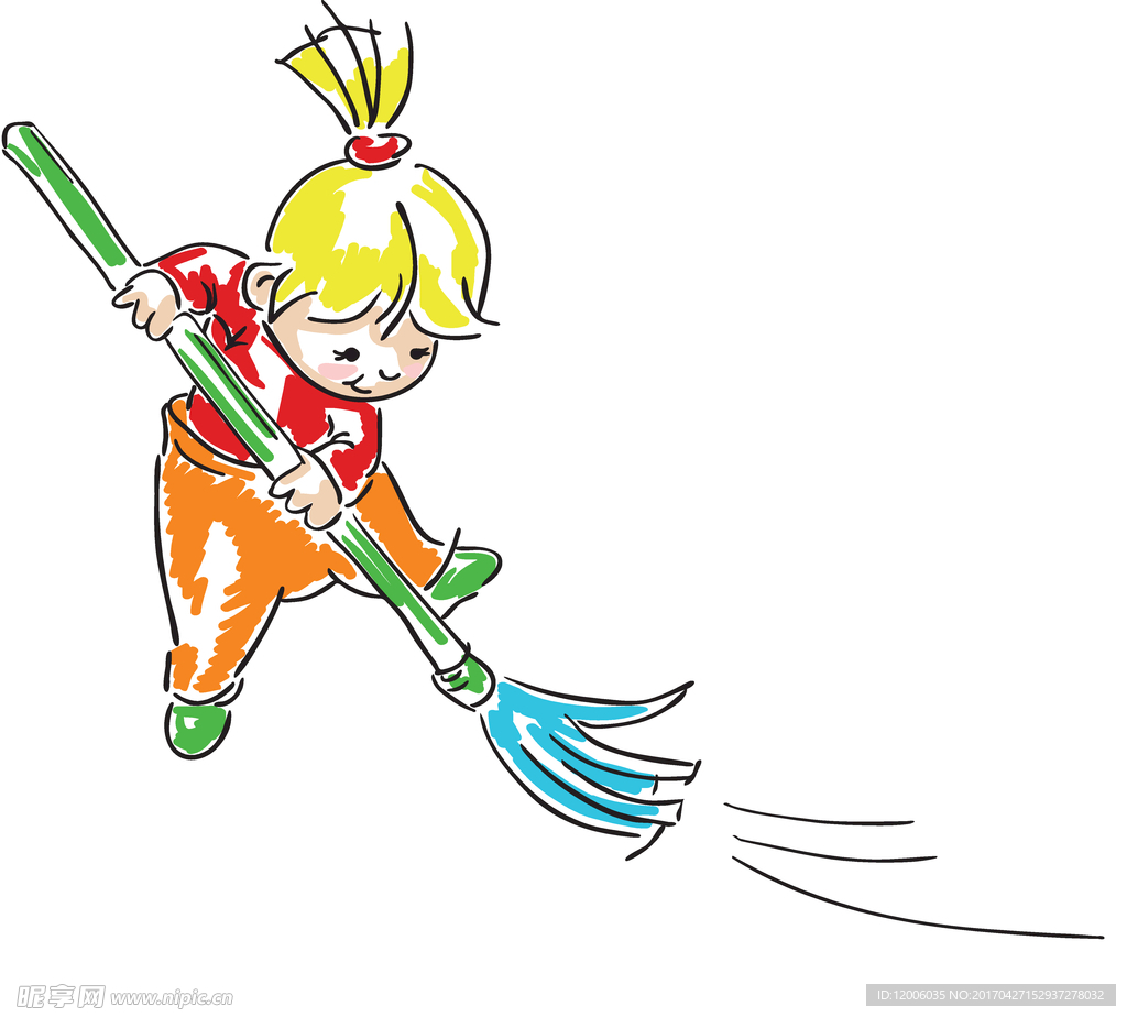 卡通打扫卫生的小男孩